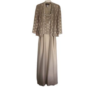 Alex Evenings Long Dress Gown, Lace, Sequins, & Satin, 2-piece, Tan/Taupe, 10